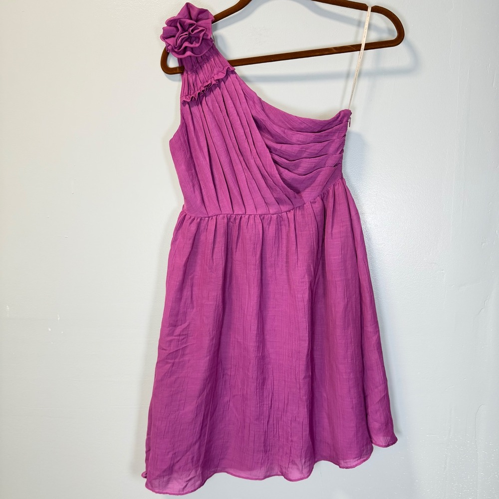MM Couture by Miss Me One Shoulder Rosette Mini‎ Dress Magenta Purple Small